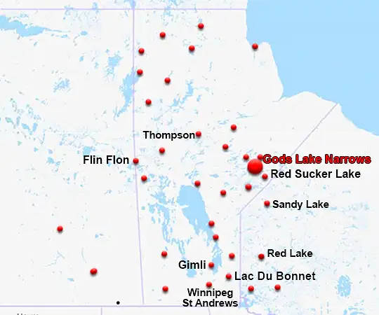Map showing the location of Gods Lake Narrows in Manitoba